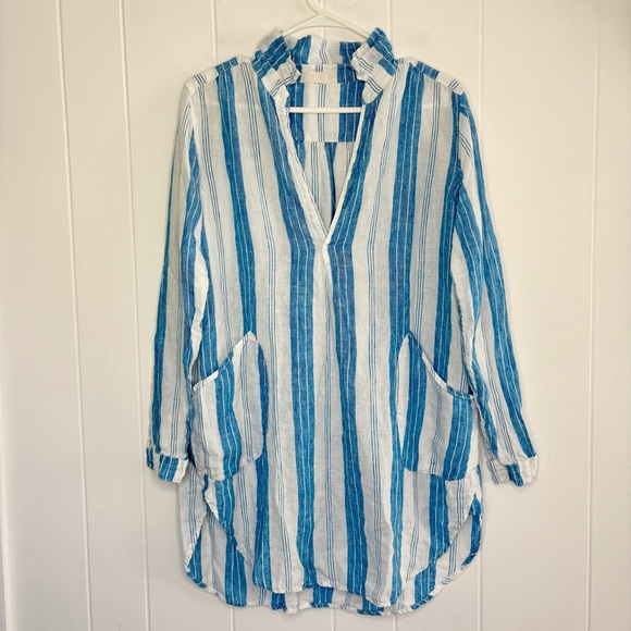 CP Shades Linen Tunic Dress Size XS White/Blue Stripes Classic Fall Staple Piece - Picture 2 of 7